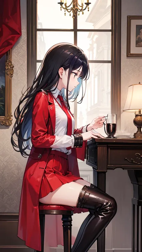 ((Best masterpiece, Perfect quality, Ultra detailed)), ((Profile)), A skinny slender girl with small bust, Wearing a red leather med-coat, Wearing a white y-shirt with red tie, Wearing a gathered black fabric skirt, Wearing a black leather over-knee long-b...