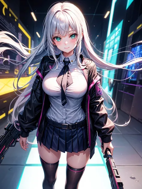 middle School girls，smile，Beautiful girls，Beautiful girl from another world，A whole new beautiful girl，Girl with a weapon in her hand，Cyberpunk uniforms，The best quality to get you horny，Psychic，Wizard，battle，Colorfulな髪色，Perfect Girl，Super cute girl，Cyberp...