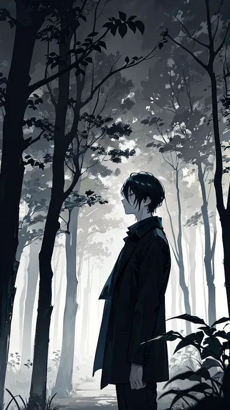 A despondent figure stands alone on a dimly lit road, surrounded by towering trees that cast eerie shadows in the night. The mans silhouette is shrouded in darkness, his posture conveying a sense of deep sadness and contemplation. This image, whether paint...