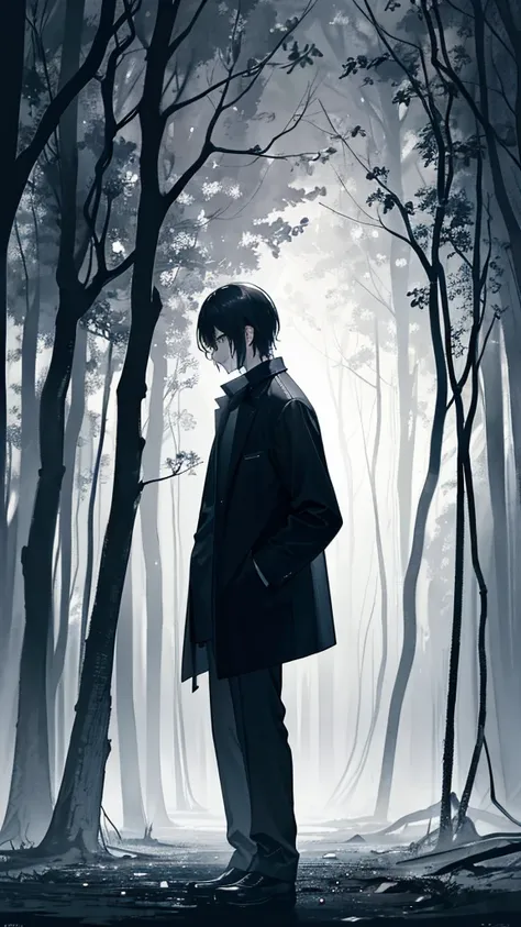 A despondent figure stands alone on a dimly lit road, surrounded by towering trees that cast eerie shadows in the night. The mans silhouette is shrouded in darkness, his posture conveying a sense of deep sadness and contemplation. This image, whether paint...