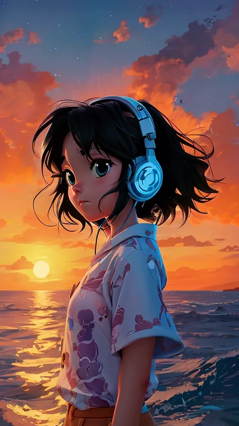 Sea view at night、anime、, Black Hair、,  Highest quality, headphone、ponytail, One girl, Ghibli-style colors, 