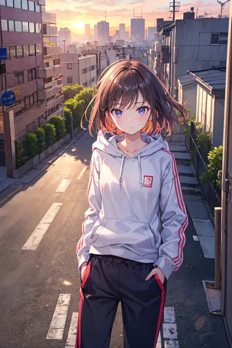 Woman in hoodie, Tracksuit Pants, Rooftop, Over the shoulder shot, In the city, evening, City skyline, Neon Light Sunset, Lo-Fi, Warm colors, Wind, avert your eyes, ((Highest quality)), (Very detailed), (High-definition CG synthesis 8k wallpaper), 高いly det...