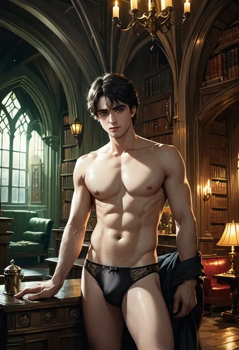 Highly detailed and ultra realistic illustration of a man, Harry Potter in black underwear, topless, black hair, green eyes, pale skin, sensual pose, in Gryffindor common room with dramatic lighting, extremely detailed, cinematic composition, masterpiece, ...