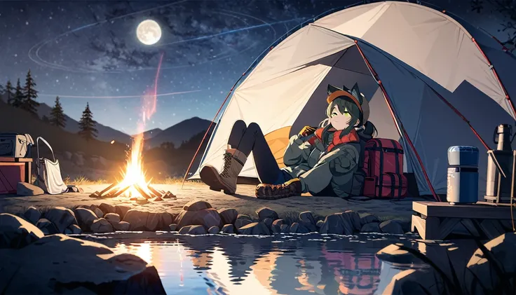 masterpiece, best quality, ultra-detailed, illustration, 1girl, cat ears, solo, outdoors, camping, night, mountains, nature, stars, moon, tent, twin ponytails, green eyes, cheerful, happy, backpack, sleeping bag, camping stove, water bottle, mountain boots...