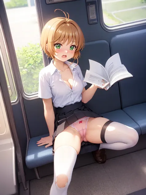 (masterpiece:1.2), best quality, unity 8k wallpaper, extremely detailed face, perfect lighting, (kinomoto sakura, green eyes, 10 years old, short stature, big breast, cleavage, solo), sitting, spread legs, school unifrom, no bra, open breast shirt, little ...