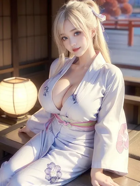 ((Highest quality))、((Very detailed))、(Huge breasts:1.6)、(Detailed eyes:1.4)、(Random seduction poses)、(20 year old American supermodel)、Platinum Blonde Hair、(Japan colorful yukata:1.4)、smile、Kyoto、(Hand-held fireworks)、night