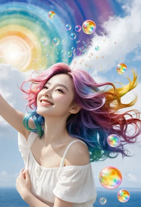 (masterpiece, Top quality, best quality, watercolor (Moderate), Official Art, beautiful and aesthetic: 1.2), (1 girl: 1.3), (Fractal Art: 1.3), morning, Good morning, Smile, sunny, hapiness, Viewer, pattern, Waves, (Rainbow Hair, rich and colorful Hair: 1....