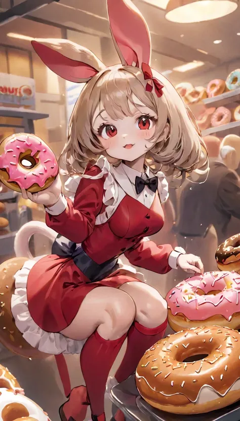 Highest quality、masterpiece、Bunny girl、Perfect Anatomy、One Woman、Red costume、Red Stockings、Red bow tie、白い襟にRed bow tie、Dim lighting、Natural look、BREAK、Giant donuts、Eat donuts with a mouse、Cute mouse、Eating donuts together with a mouse、Red eyed rat、Tom and ...