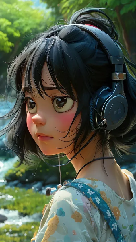 by the river、anime、, Black Hair、,  Highest quality, headphone、ponytail, One girl, Ghibli-style colors, 