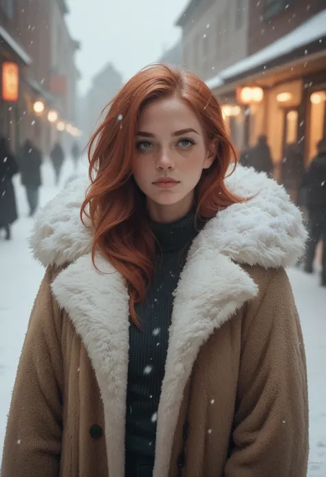 redhead woman, fur coat, snowing