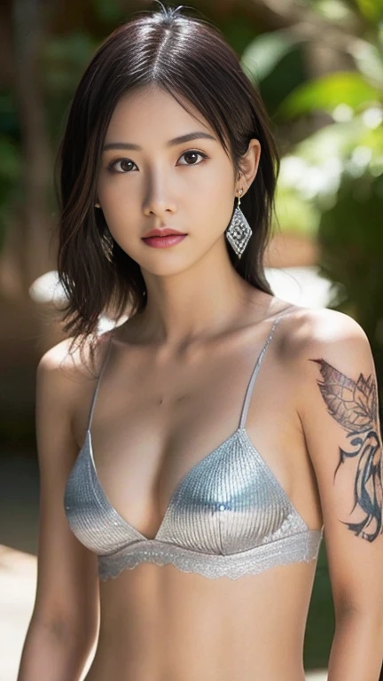 Anime-style woman, thin, thin, whole body, Full of tattoos, Lots of earrings, Beautiful and shiny hair, Rainbow Eyes, Slanted Eyes, Wavy silver hair, Kind and charming, shoulderを露出させる, Delicate and sexy collarbone, Attractive oval face, double eyelid, Pink...