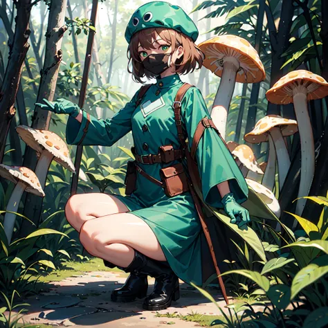 Nausicaa,One girl,
green_dress,length_sleeve,
green gloves,
spats,
knees_boots,
whole body,
Fungi_forest,