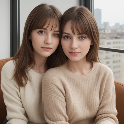 (((close up face high definition))), two very calm beautiful teen aged pale girls, wearing brown-white striped sweater, sitting in house balcony environment, beautiful, winter 