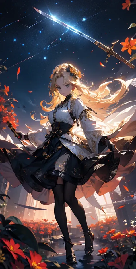 masterpiece, high quality, 4K, Beautiful design, silhouette，blonde， 非常に詳細な夜のStarry Sky,Flower Field， wonderful, Finer details,  Very knowledgeable woman, Highly detailed solo, 1 female,Big Breasts，Red Gothic Lolita Fashion，２Hold the blade of the sword in f...