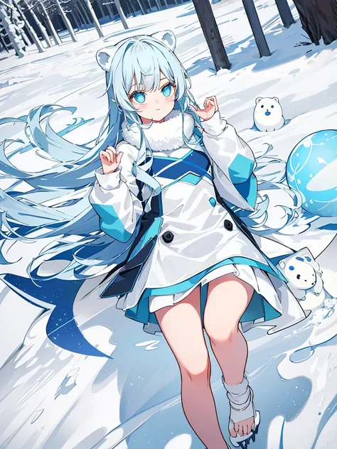 3. character：Polaris and her polar bear friends play in the snow。 exterior：Light blue shoulder-length hair，Deep blue pupils，Wearing blue clotheix in a little warm pink。Polar bear with shaggy white body。 nature：Vibrant and welcoming，helpful。 hobby：photo sho...