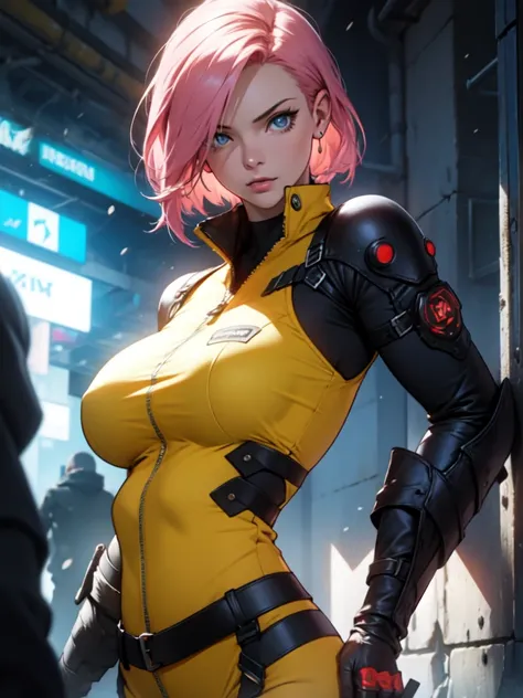 Fake body and , Mature woman in metal rising revengeance body details, foto de busto, big pink hair, shining blue eyes, wearing a mustard yellow jumpsuit, breasts big, looking 35 years old, eye on the spectator, Look to the camera, , the background is a cy...