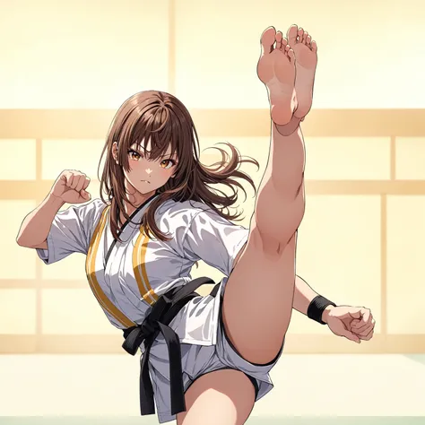 (in style of Takeshi Obata:1.3), suou yuki, brown hair, angry stare, wearing karate uniform with short sleeves, wearing sports shorts, standing on one leg, high kick, barefoot, accurate foot, accurate hands, barehands, fighting pose, martial arts, in a doj...