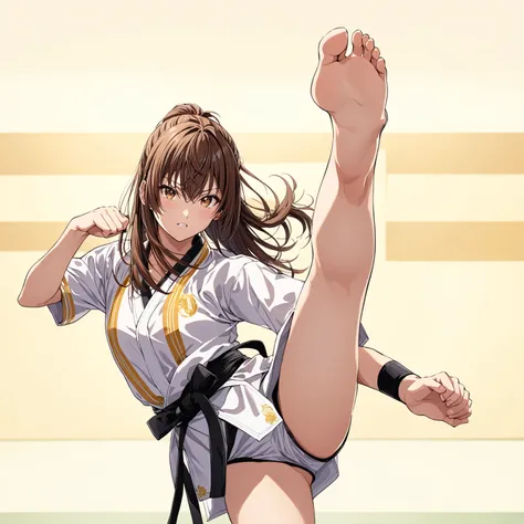 (in style of Takeshi Obata:1.3), suou yuki, brown hair, angry stare, wearing karate uniform with short sleeves, wearing sports shorts, standing on one leg, high kick, barefoot, accurate foot, accurate hands, barehands, fighting pose, martial arts, in a doj...