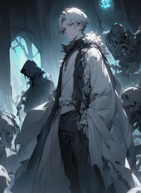 highest quality、masterpiece、man in silhouette、dark scary background、suspicious light young man ,young man ,Male Dark, dark Woods, cold colors, man white hair with blue eye, Warlock dnd , Skeleton army in background