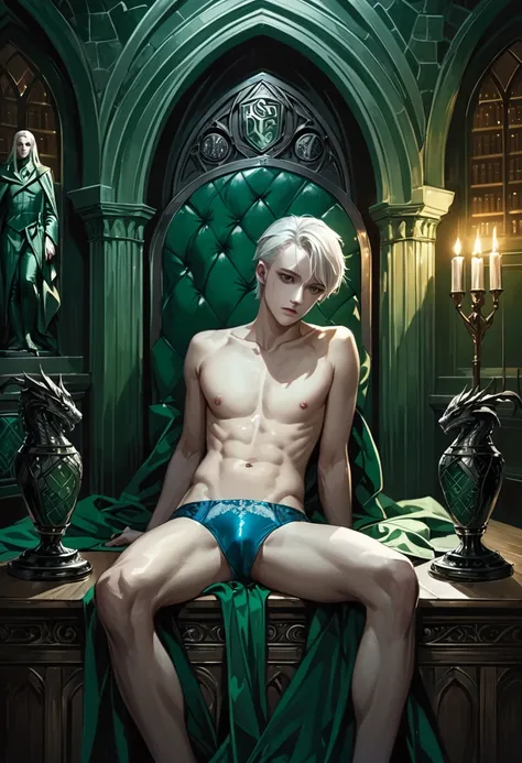 Highly detailed and ultra realistic illustration of a man, draco malfoy in blue underwear, topless, white hair, grey eyes, pale skin, sensual pose, in the slytherin common room with dramatic lighting, extremely detailed, cinematic composition, masterpiece,...