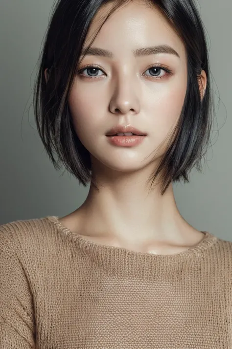 Masterpiece: 1.3), (8k, photorealistic, RAW photo, top quality: 1.4), (1girl), beautiful face, (realistic face), (black hair, short hair: 1.3), beautiful hairstyle, realistic eyes, beautiful detail eyes, (realistic skin), beautiful skin, (sweater), absurd,...