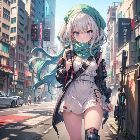 (masterpiece, Highest quality), (Detailed Hair), Very detailed, Anime Style, whole body, alone, Cyberpunk psychic girl, Big cute head scarf, whole body covered in rags, Wanderer&#39;s Outfit, Gray Hair、Red eyes, Floating in the air, Small stature, Supernat...