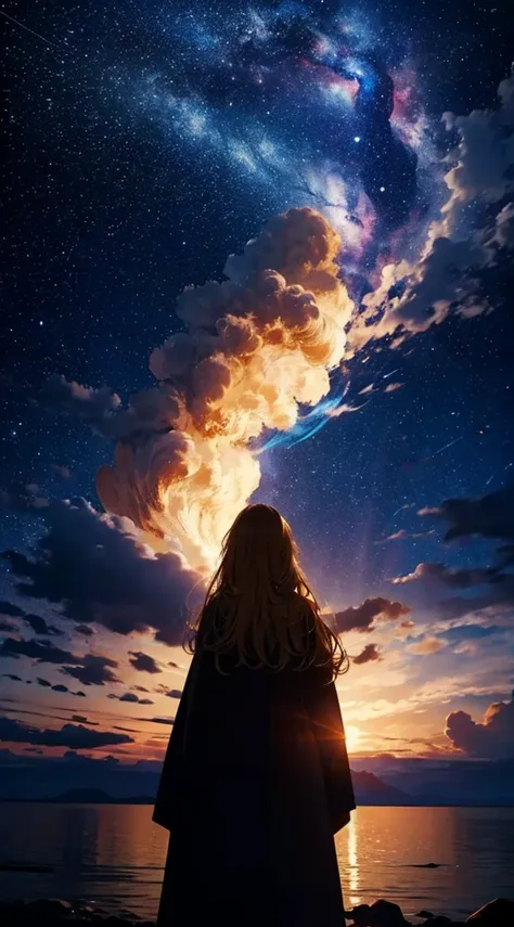 １people々々,Blonde long-haired woman，Long coat， Dress Silhouette， Rear View，Raise your hand to grab something，Space Sky, The boundary between sea and space，