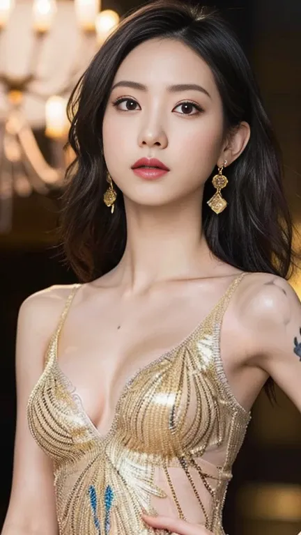 Anime-style woman, thin, thin, whole body, Full of tattoos, Lots of earrings, Beautiful and shiny hair, Rainbow Eyes, Slanted Eyes, Wavy Hair, Kind and charming, shoulderを露出させる, Delicate and sexy collarbone, Attractive oval face, double eyelid, Pink Lips, ...