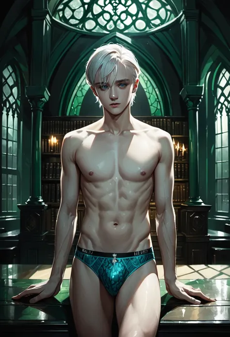 Highly detailed and ultra realistic illustration of a man, draco malfoy in blue underwear, topless, white hair, grey eyes, pale skin, sensual pose, in the slytherin common room with dramatic lighting, extremely detailed, cinematic composition, masterpiece,...