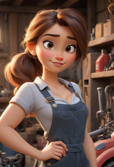 full body shot, (disney pixar style:1.2) (cute adorable girl:1.15) (adult age 20:1.15)  brown hair, ponytail, cleavage, sexy mec...