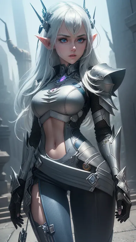 Create an ultra-realistic 5D image of a white-haired elf girl, blue eyes, high tech bra, exposed abdomen, left mechanical battle arm, 1 human arm, pants, High-tech sneakers, serious pose,medieval sword wielded in the hand cool and elegant , Futuristic mech...