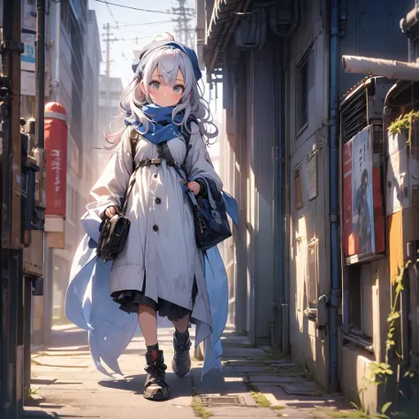 1girl,(masterpiece, Highest quality), (Detailed Hair), Very detailed, Anime Style, whole body, alone, Cyberpunk psychic girl, Big cute head scarf, whole body covered in rags, Wanderer&#39;s Outfit, Gray Hair、Red eyes, Floating in the air, Small stature, Su...