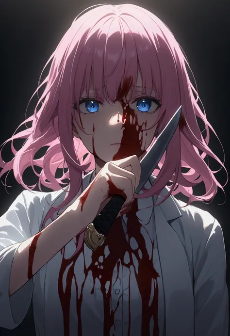 murder、Holding a knife、Face covered in blood、Girl with pink hair、blue eyes、Twin Drill、A scene from a movie