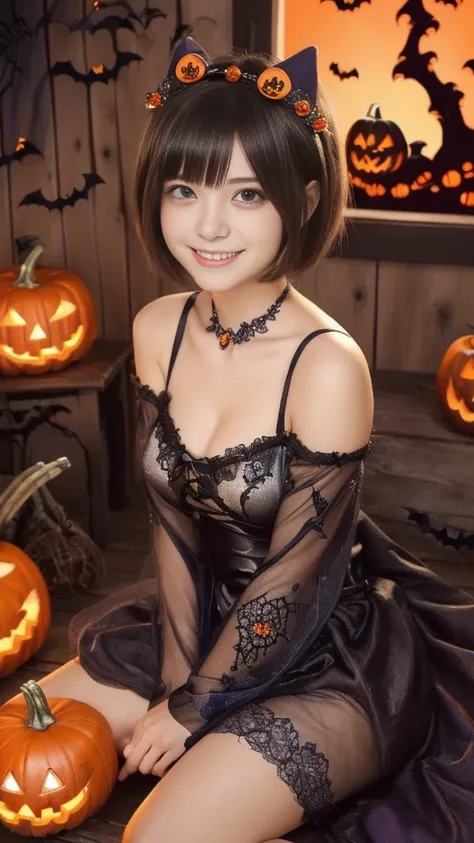 (a 20 years old girl, sitting, detailed cutie face, beautiful detailed eyes, detailed dropped eyes, beautiful charming smile, extremely detailed face, short hair, anime style, halloween party:2.0), colorful lights, pumpkin decorations, haunted house, best ...