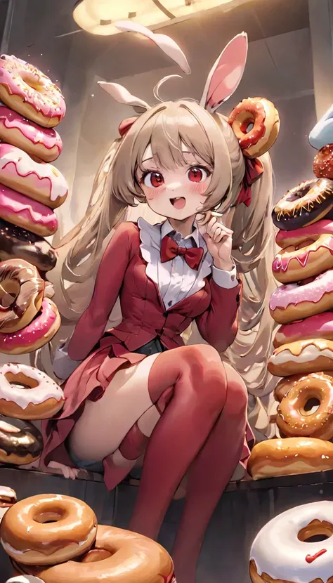 Highest quality、masterpiece、Bunny girl、Perfect Anatomy、One Woman、Red costume、Red Stockings、Red bow tie、白い襟にRed bow tie、Dim lighting、Natural look、BREAK、Giant donuts、Eat donuts with a mouse、Cute mouse、Eating donuts together with a mouse、Red eyed rat、Tom and ...