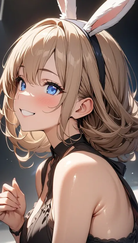 1 girl, (((best quality)), ((masterpiece)), (details), masterpiece, best quality, high quality, super detailed, perfect face, ((1 girl, Blue eyes, rabbit ears: 1.3 brown short vertical roll hair: 2.5,)),Shiny Hair、Shiny skin、smile、Alluring expression、intel...