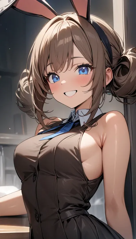 1 girl, (((best quality)), ((masterpiece)), (details), masterpiece, best quality, high quality, super detailed, perfect face, ((1 girl, Blue eyes, rabbit ears: 1.3 brown short vertical roll hair: 2.5,)),Shiny Hair、Shiny skin、smile、Alluring expression、intel...