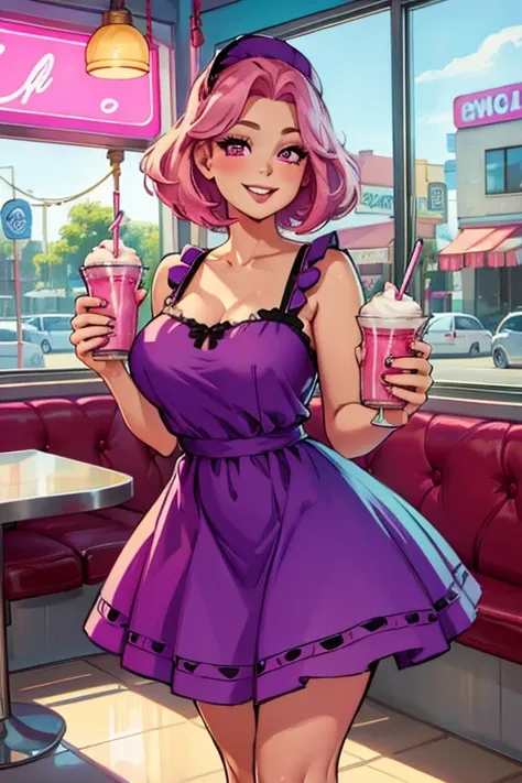 Perfect face. Perfect hands. A pink haired woman with violet eyes with an hourglass figure wearing a retro swing dress in is drinking a milkshake in the diner a diner with a big smile
