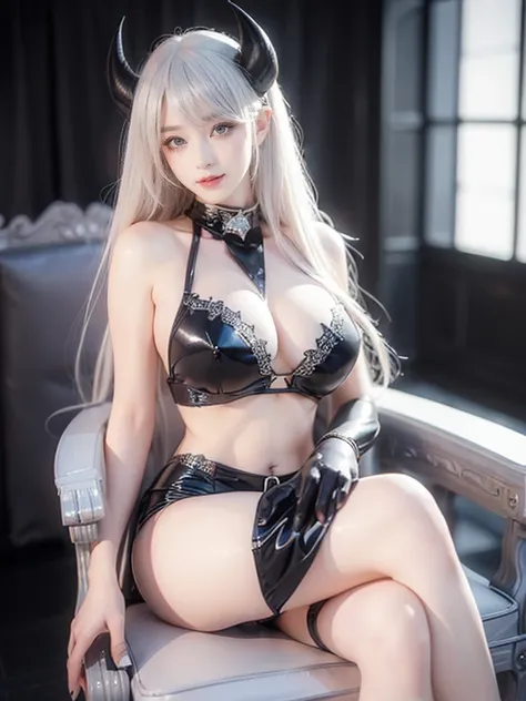 ((Highest quality))、((Very detailed))、(Huge breasts:1.4)、(Detailed eyes:1.4)、(Random seduction poses)、(20 year old beauty)、(American Supermodel)、Platinum Blonde Hair、(Black Little Devil Cosplay:1.4)、smile、Crossing your legs、Throne、the distance is close