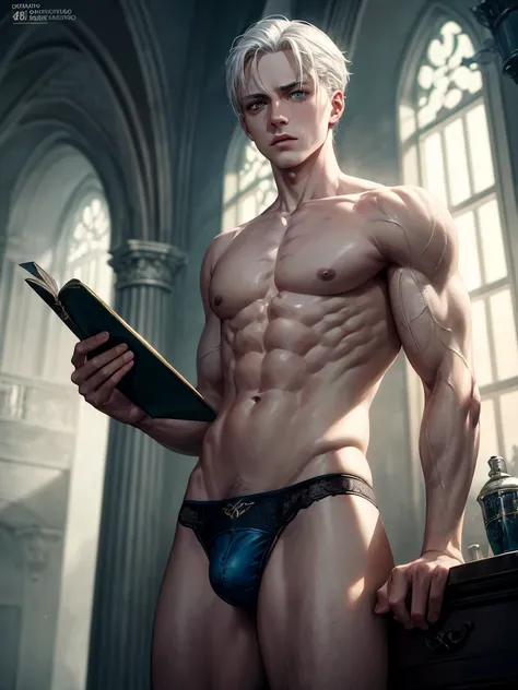 Highly detailed and ultra realistic illustration of a man, draco malfoy in blue underwear, topless, white hair, grey eyes, pale skin, sensual pose, in the slytherin common room with dramatic lighting, extremely detailed, cinematic composition, masterpiece,...