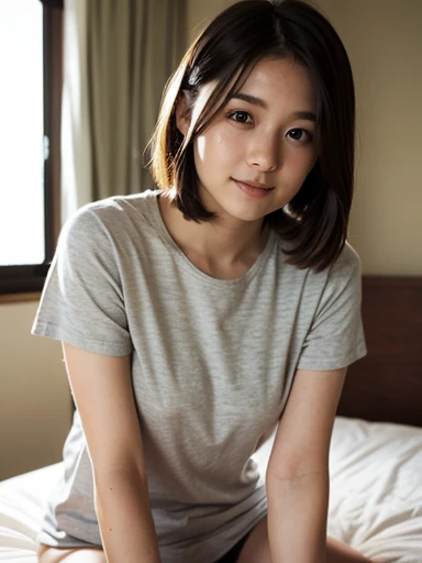 A white city hotel room with the morning sun streaming in、On the bed、18-year-old female、Realistic Skin、((Dark Eyes))、A shy smile、Medium Short Hair、Grey T-shirt、Yoshitomo Nara, shikamimi, Chiho, mayuri shiina, A real young gravure idol, beast, , Kotegawa Yu...