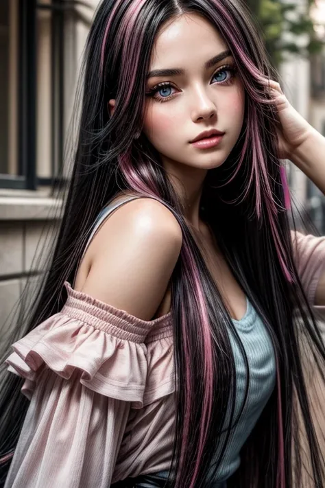 a beautiful young woman, long black hair and pink highlights, blue eyes.

