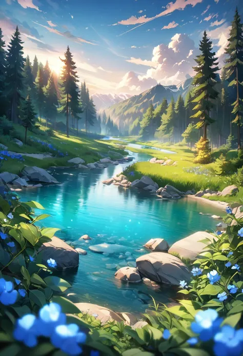 (8k digital nature photography:1.2),
(a summer landscape:1.1) with trees in the distance,
glowing blue clear berries 
faetastic, beatifull landscape, charming river