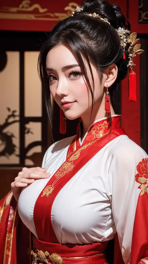 A beautiful woman, beautiful eyes, a face with a seductive smile. Hair in a bun, beautiful jewelry, smooth skin, beautiful breasts. Crimson ancient Hanfu costume Neat and neat in the wooden tavern Decorated in ancient Chinese style