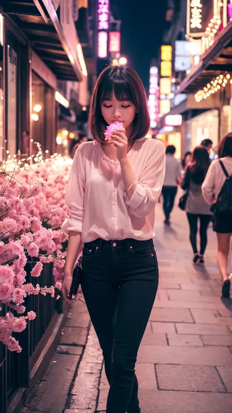 Beautiful woman, Lighted street at night, Fidgeting with smartphones, hot pants, Fragrant pink flowers, Passersby, Night view gradation, The finer details, Subtle tone, Silence on the screen.  
