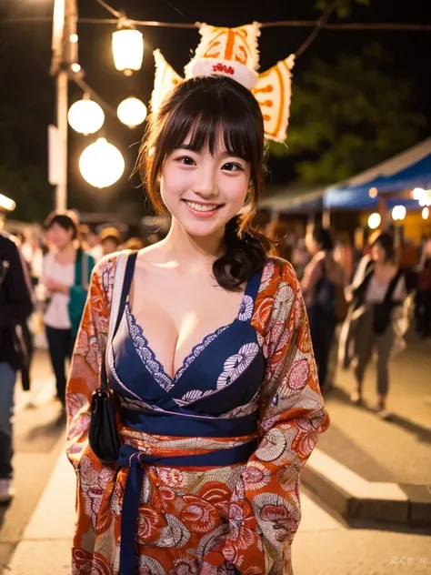 A very cute face like an idol、A young-looking 20-year-old woman、Smiling Kindly、Wearing a Japanese long-sleeved yukata、Cleavage、night、Walking through a Japanese festival、Natural light、Whole body、High level of artistry