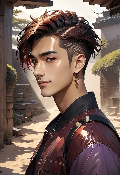 High-resolution square icon, close-up of a cool-looking young adult male face, including the following features:

- Age: 25 years old
- Expression: Confident gaze, with a slightly challenging smile
- Hairstyle: Two-block cut with an up-bangs style, swept b...