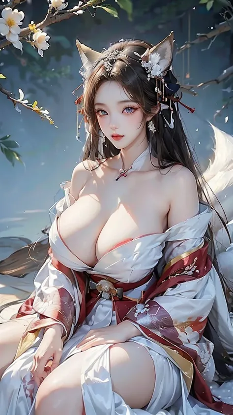 one nine-tailed fox girl wearing a kimono with her chest almost exposed lay dawn, Beutiful blue eyes, skin white,pale skin, white kimono, very long white hair, fox ears, nine fox tails, chest almost visible, very large chest, very huge chest, very huge bre...