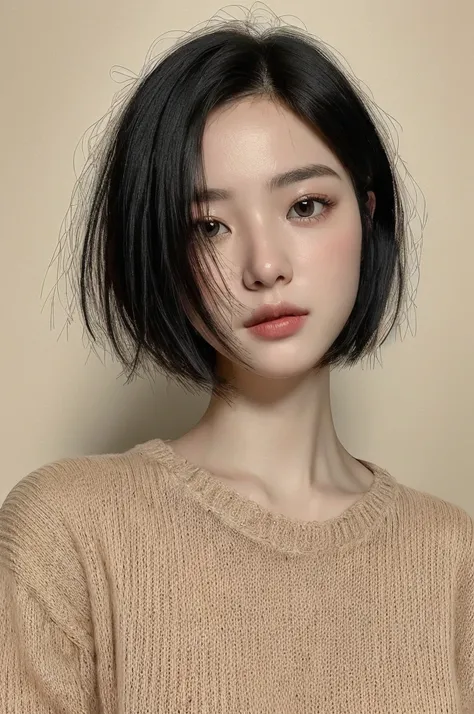 Masterpiece: 1.3), (8k, photorealistic, RAW photo, top quality: 1.4), (1girl), beautiful face, (realistic face), (black hair, short hair: 1.3), beautiful hairstyle, realistic eyes, beautiful detail eyes, (realistic skin), beautiful skin, (sweater), absurd,...