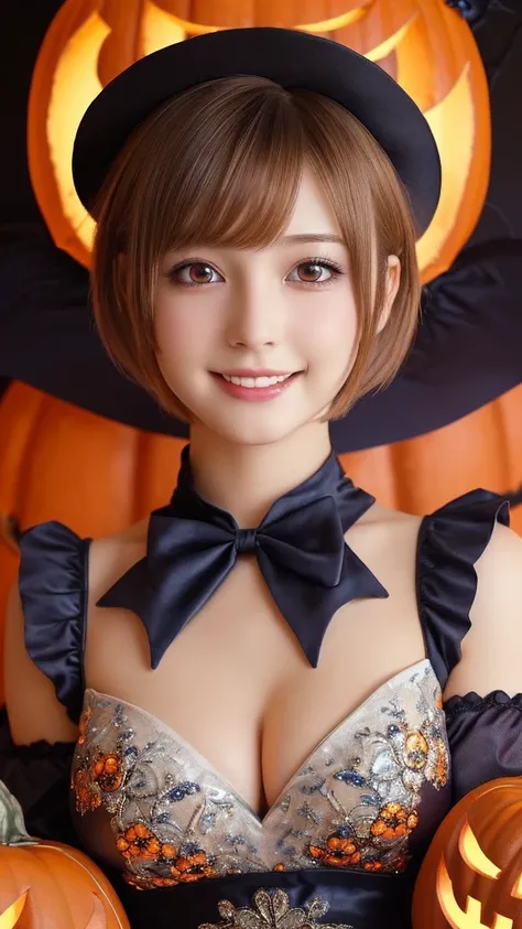 ((from below,upper body),a 20 years old girl, detailed cutie face, beautiful detailed eyes, detailed dropped eyes, beautiful charming smile, extremely detailed face,slender,short hair,anime style, halloween costume:2.0), Hires.fix,colorful lights, pumpkin ...